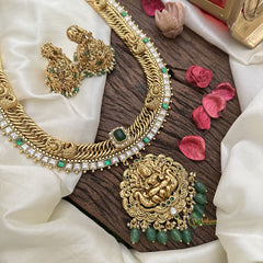 Vriksham Jalebi Lakshmi Pendant Long Neckpiece-Green Bead-Green-G16185