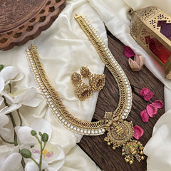 Vriksham Jalebi Lakshmi Pendant Long Neckpiece-Gold Bead-White-G16187