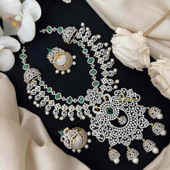 Vriksham Royal Mayura Intricate American Diamond With Pearl-Embellished Pendant Short Neckpiece-Green-G21569