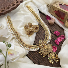 Vriksham Jalebi Lakshmi Pendant Long Neckpiece-Gold Bead-White-G16187