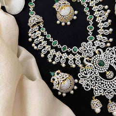 Vriksham Royal Mayura Intricate American Diamond With Pearl-Embellished Pendant Short Neckpiece-Green-G21569