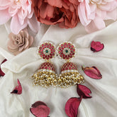 Vriksham Exquisite Jadau Kundan Jhumka-Red-Gold Beads-Pearls-J3220