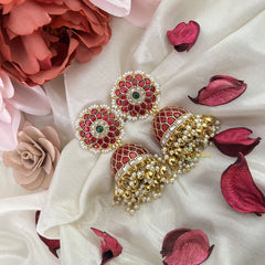 Vriksham Exquisite Jadau Kundan Jhumka-Red-Gold Beads-Pearls-J3220