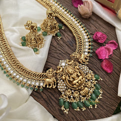 Vriksham Jalebi Lakshmi Pendant Long Neckpiece-Green Bead-White-G16184