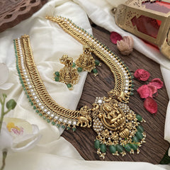 Vriksham Jalebi Lakshmi Pendant Long Neckpiece-Green Bead-White-G16184