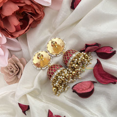 Vriksham Exquisite Jadau Kundan Jhumka-Red-Gold Beads-Pearls-J3220