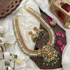 Vriksham Jalebi Lakshmi Pendant Long Neckpiece-Green Bead-Red Green & White-G16183