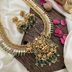 Vriksham Jalebi Lakshmi Pendant Long Neckpiece-Green Bead-Red Green & White-G16183