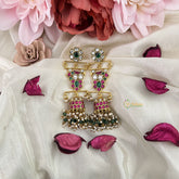 Vriksham Antique Floral Peacock Jadau Kundan Jhumka-Off White & Aqua Green Pearls-J3230