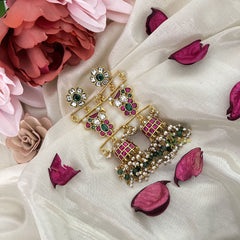 Vriksham Antique Floral Peacock Jadau Kundan Jhumka-Off White & Aqua Green Pearls-J3230