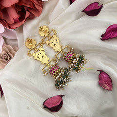 Vriksham Antique Floral Peacock Jadau Kundan Jhumka-Off White & Aqua Green Pearls-J3230