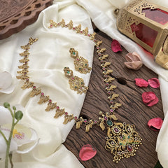 Vriksham Premium Peacock Long Neckpiece-Red Green-Gold Bead-G16189