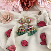 Vriksham Exquisite Floral Jadau Kundan Jhumka-Aqua Green Beads-Pearls-J3231