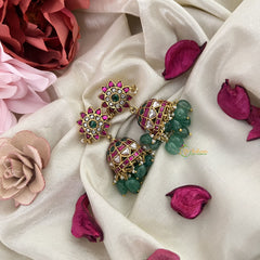 Vriksham Exquisite Floral Jadau Kundan Jhumka-Aqua Green Beads-Pearls-J3231