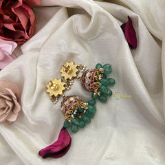 Vriksham Exquisite Floral Jadau Kundan Jhumka-Aqua Green Beads-Pearls-J3231