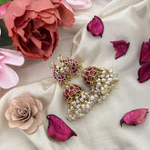 Vriksham Unique peacock Jadau Kundan Jhumka-Red White-Rice Pearls-J3232