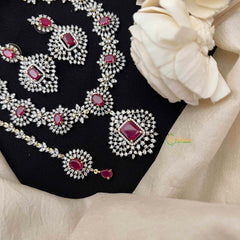 Vriksham Lavish Red Stone & American Diamond 3-Piece Set With Rectangular Statement Pendant Short Neckpiece-G21576