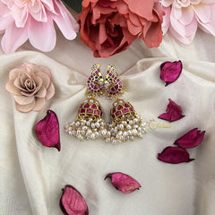 Vriksham Unique peacock Jadau Kundan Jhumka-Red White-Rice Pearls-J3232