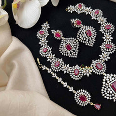 Vriksham Lavish Red Stone & American Diamond 3-Piece Set With Rectangular Statement Pendant Short Neckpiece-G21576