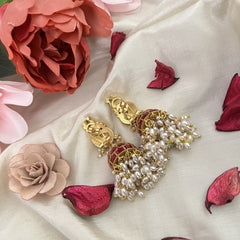 Vriksham Unique peacock Jadau Kundan Jhumka-Red White-Rice Pearls-J3232