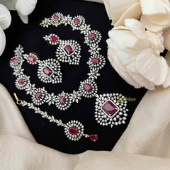 Vriksham Lavish Red Stone & American Diamond 3-Piece Set With Rectangular Statement Pendant Short Neckpiece-G21576