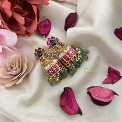 Vriksham Antique Floral Jadau Kundan Jhumka-Aqua Green Beads-Pearls-J3233