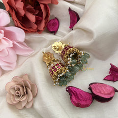 Vriksham Antique Floral Jadau Kundan Jhumka-Aqua Green Beads-Pearls-J3233