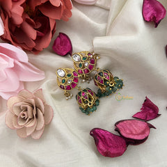 Vriksham Half Moon Style Jadau Kundan Jhumka-Aqua Green Beads-Pearls-J3234