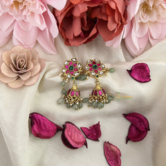 Vriksham Antique Floral Jadau Kundan Jhumka-Pastel Green Beads-Pearls-J3235