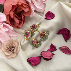 Vriksham Antique Floral Jadau Kundan Jhumka-Pastel Green Beads-Pearls-J3235