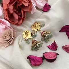 Vriksham Antique Floral Jadau Kundan Jhumka-Pastel Green Beads-Pearls-J3235