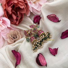 Vriksham Exquisite Peacock Jadau Kundan Jhumka-Red-Aqua Green Beads-Pearls-J3221