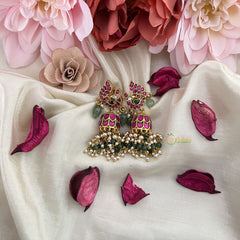 Vriksham Exquisite Peacock Jadau Kundan Jhumka-Red-Aqua Green Beads-Pearls-J3221