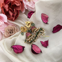 Vriksham Exquisite Peacock Jadau Kundan Jhumka-Red-Aqua Green Beads-Pearls-J3221