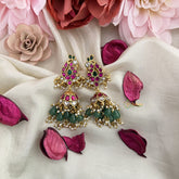 Vriksham Antique Peacock Jadau Kundan Jhumka-Aqua Green Beads-Pearls-J3236