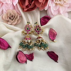 Vriksham Antique Peacock Jadau Kundan Jhumka-Aqua Green Beads-Pearls-J3236