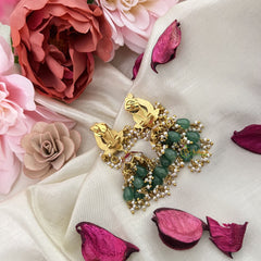 Vriksham Antique Peacock Jadau Kundan Jhumka-Aqua Green Beads-Pearls-J3236