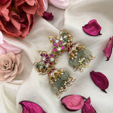 Vriksham Annam Jadau Kundan Jhumka-Red White & Green-Pastel Green Beads-Pearls-J3239