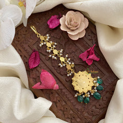 Vriksham Premium Floral Jadau Kundan Maang Tikka-Green Tear Drop-Green Bead-J2886