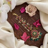 Vriksham Premium Floral Jadau Kundan Maang Tikka-Red Tear Drop-Green Bead-J2873