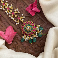 Vriksham Premium Floral Jadau Kundan Maang Tikka-Red Tear Drop-Green Bead-J2873