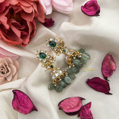 Vriksham Unique Floral Jadau Kundan Jhumka-White Green-Aqua Green Beads-Pearls-J3238