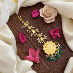 Vriksham Premium Floral Jadau Kundan Maang Tikka-Red Tear Drop-Green Bead-J2873