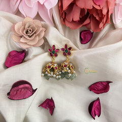 Vriksham Unique Floral Jadau Kundan Jhumka-Red White & Green-Pastel Green Beads-Pearls-J3240