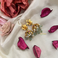 Vriksham Unique Floral Jadau Kundan Jhumka-Red White & Green-Pastel Green Beads-Pearls-J3240