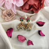 Vriksham Unique Floral Jadau Kundan Jhumka-Red Green-Pastel Green Beads-Pearls-J3241