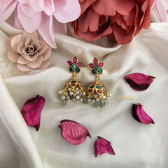 Vriksham Unique Floral Jadau Kundan Jhumka-Red Green-Pastel Green Beads-Pearls-J3241
