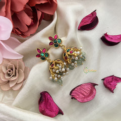Vriksham Unique Floral Jadau Kundan Jhumka-Red Green-Pastel Green Beads-Pearls-J3241