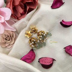 Vriksham Unique Floral Jadau Kundan Jhumka-Red Green-Pastel Green Beads-Pearls-J3241