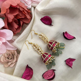 Vriksham Elegant Jadau Kundan Hook Jhumka-Red-Pastel Green Beads-Rice Pearls-J3242